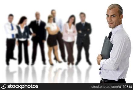 side view of young businessman with folder and group