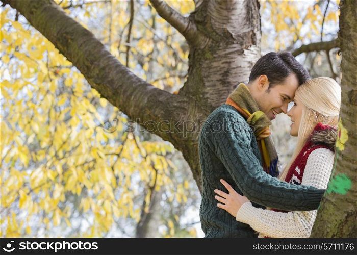 Side view of young couple hugging near autumn tree in park