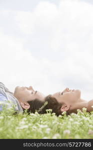 Side view of young couple sleeping on grass against sky