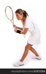 side view of young player ready to play tennis on an isolated white background