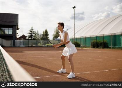 Side view on confident female tennis player holding racket and standing front of net. Sportswoman ready to return ball. Outdoor sport activity concept. Side view on confident female tennis player holding racket