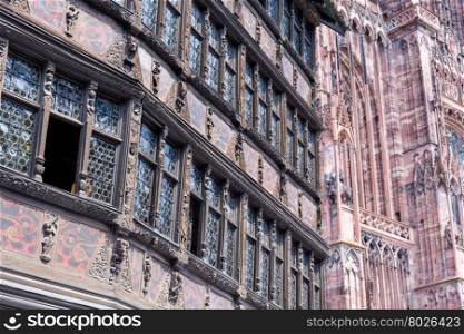 Side view on Strasbourg Cathedral is a Roman Catholic cathedral, Alsace, France