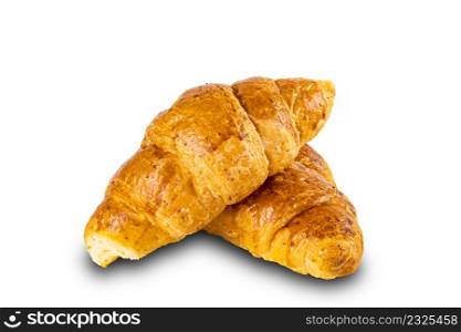 Side view pile of fresh homemade croissants on white background with clipping path.