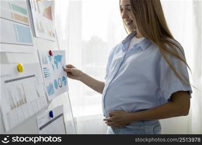 side view pregnant businesswoman with presentation whiteboard