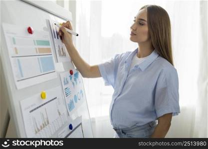 side view pregnant businesswoman with whiteboard giving presentation