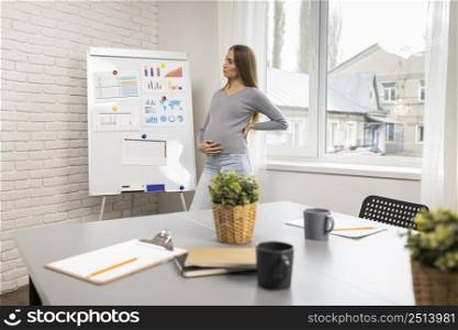 side view pregnant businesswoman with whiteboard office