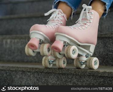 side view roller skates stairs. High resolution photo. side view roller skates stairs. High quality photo