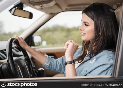 side view woman traveling alone by car