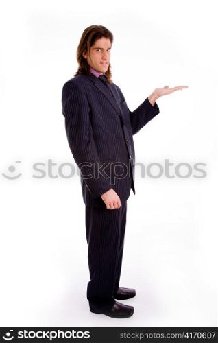 sidepose of executive presenting on an isolated white background