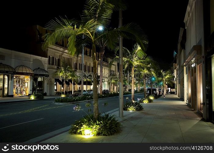 Sidewalk at the Rodeo Drive at night, Los Angeles, California, USA