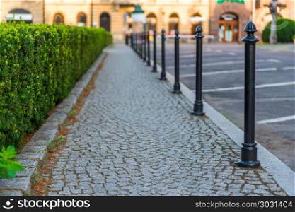 sidewalk, lined with gray paving stones closeup
