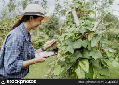 sideways asian woman studying different plants with tablet