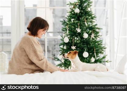 Sideways shot of young brunette woman in loose brown sweater holds paws of dog, sit together at comfortable bed against decorated firtee during Chistmas and New Year time. Window in background