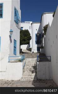 Sidi Bou Said, Tunisia - typical building with white walls, blue doors and windows