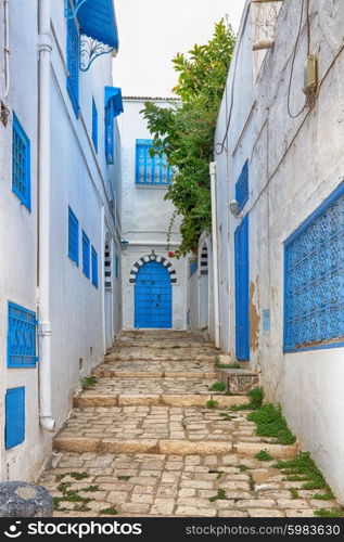 Sidi Bou Said - typical building with white walls, blue doors and windows, Tunisia