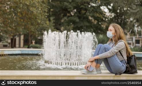 sied view woman wearing medical mask while sitting fountain