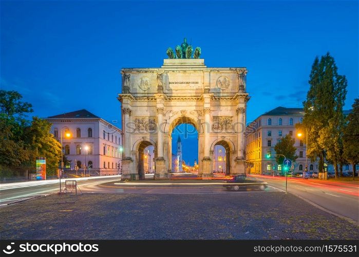 Siegestor (Victory Gate) triumphal arch in Munich, Germany at night