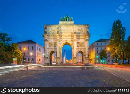 Siegestor (Victory Gate) triumphal arch in Munich, Germany at night
