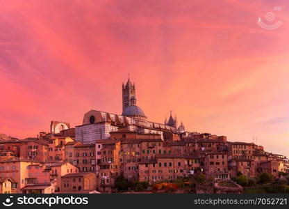 Siena Cathedral at gorgeous sunset, Tuscany, Italy. Beautiful view of Dome and campanile of Siena Cathedral, Duomo di Siena, and Old Town of medieval city of Siena at gorgeous sunset, Tuscany, Italy