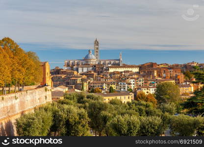 Siena. View of the old city district.. Old medieval district and cathedral in the city Siena. Tuscany. Italy.