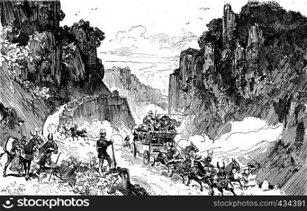 Sierra morena. We drove to the edge of the abyss, vintage engraved illustration. Journal des Voyages, Travel Journal, (1879-80).
