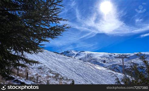 Sierra Nevada snow mountain ski resort in Granada of Spain