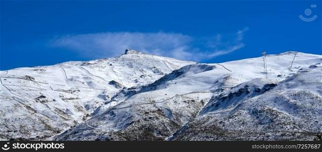 Sierra Nevada snow mountain ski resort in Granada of Spain