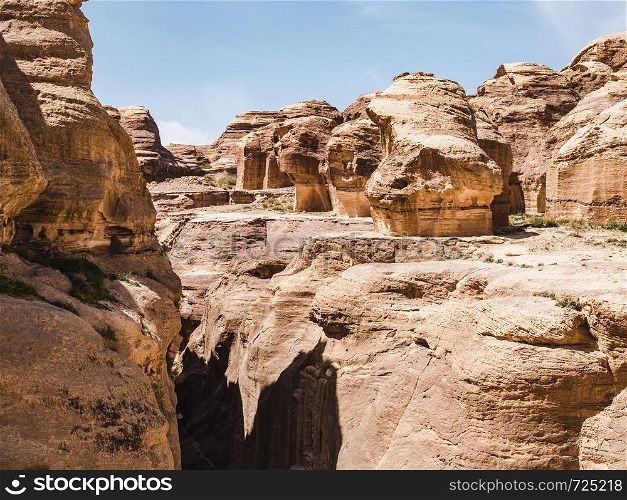 Sights of the ancient, fabulous city of Petra in Jordan. Colorful photos. Concept of leisure and travel. Sights of the ancient city of Petra