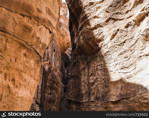 Sights of the ancient, fabulous city of Petra in Jordan. Colorful photos. Concept of leisure and travel. Sights of the ancient city of Petra