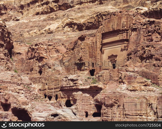 Sights of the ancient, fabulous city of Petra in Jordan. Colorful photos. Concept of leisure and travel. Sights of the ancient city of Petra