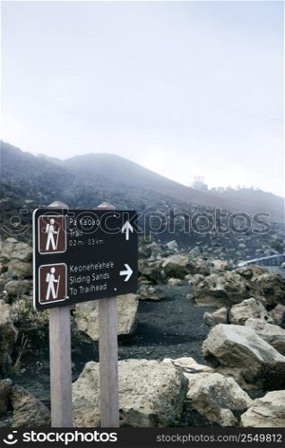 Sign at Haleakala National Park indicating trail to Pa Ka&acute;oao, Keonehe&acute;ehe&acute;e and Sliding Sands.