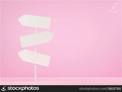 Sign directions blank road signs four arrows pointing different directions choice on pink background, street and road signs traffic icon, 3D rendering illustration