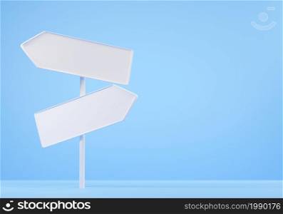 Sign directions blank road signs four arrows pointing different directions choice on blue background, street and road signs traffic icon, 3D rendering illustration