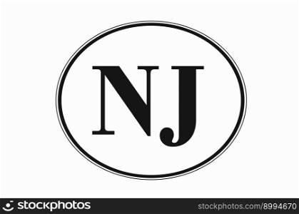 Sign of state of New Jersey for sticking on glass of car. Sign of New Jersey. vehicle badge. Abbreviation for state of New Jersey. car sticker. Abbreviation NJ. Sign of state of New Jersey for sticking on glass of car. Abbreviation NJ