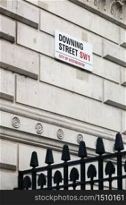 Sign on Downing Street in the City of Westminster in London, United Kingdom