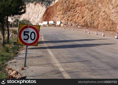 Sign with speed limit on the road near Kash, Turkey