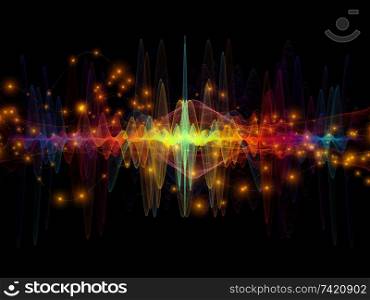 Signal Oscillation. Optical Flow series. Backdrop of color lines and lights isolated on black background for use in projects on technology, design and education