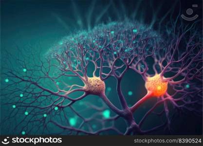 Signals in neurons in brain, 3D illustration of neural network. Generative AI