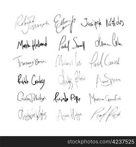 Signatures of mans and womans abstract names. On transparent background, vector EPS8