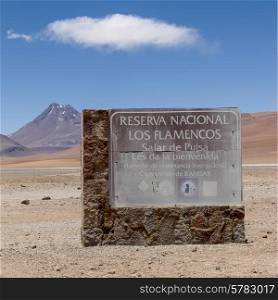 Signboard at Los Flamencos National Reserve, San Pedro de Atacama, El Loa Province, Antofagasta Region, Chile