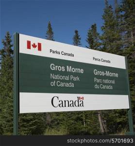 Signboard in Gros Morne National Park, Newfoundland and Labrador, Canada
