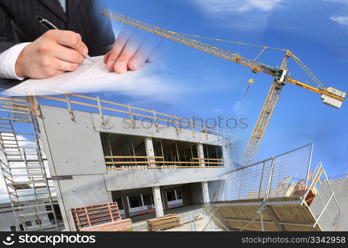 signing a contract for the construction of residential housing construction and background of blue sky