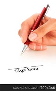 Signing the contract. Hand with pen isolated over white.