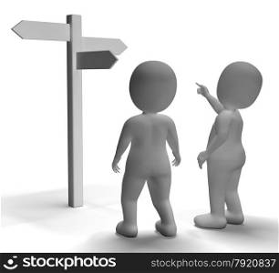 Signpost With 3d Characters Showing Travelling Or Guidance. Signpost With 3d Characters Shows Travelling Or Guidance