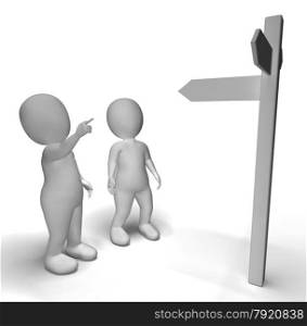 Signpost With 3d Characters Shows Travelling Or Guidance. Signpost With 3d Characters Showing Travelling Or Guidance