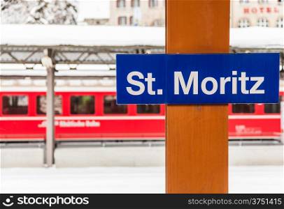 Signseen of the famous St. Moritz Train Station in Switzerland