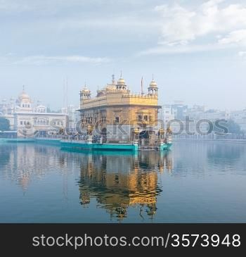 Sikh gurdwara Golden Temple (Harmandir Sahib) in morning fog. Amritsar, Punjab, India