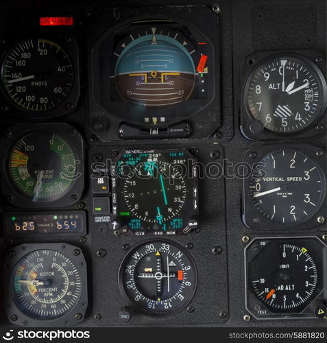 Sikorsky helicopter cockpit instrument panel, Skeena-Queen Charlotte Regional District, Haida Gwaii, Graham Island, British Columbia, Canada