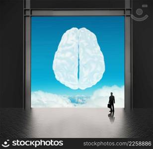 silhoette businessman looking to brain as cloud icon concept