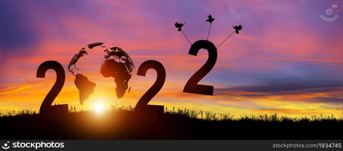 Silhouette 2022 years in sunset background. Birds carrying number 2 while celebrating 2022 years. Happy New Year and Merry Christmas. Copy space.